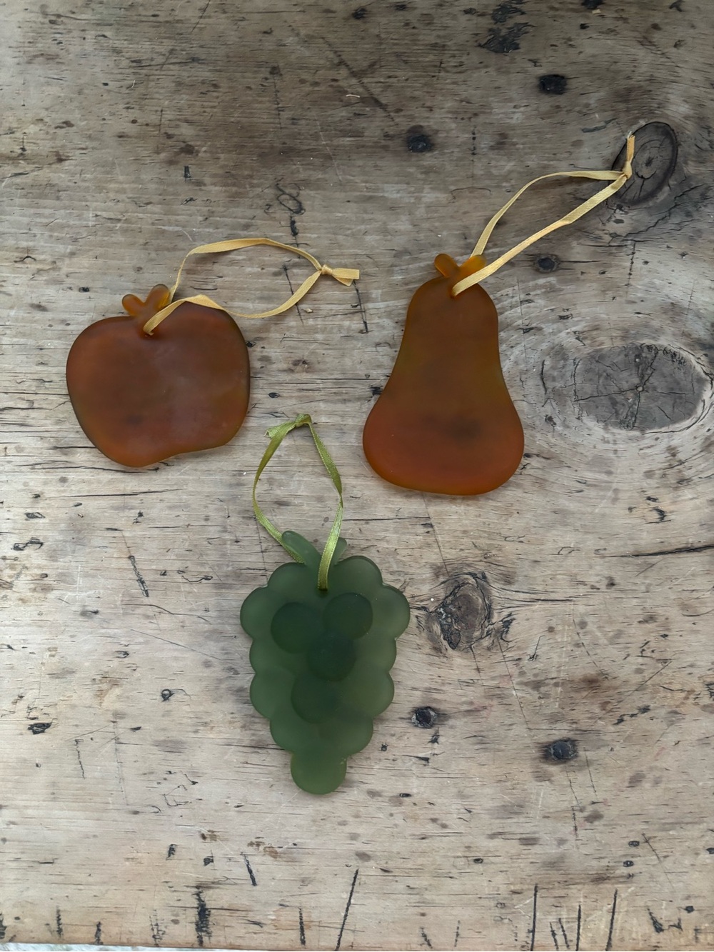 Vintage Frosted Glass Fruit Ornaments Set of 3, Apple Pear and Green Grapes